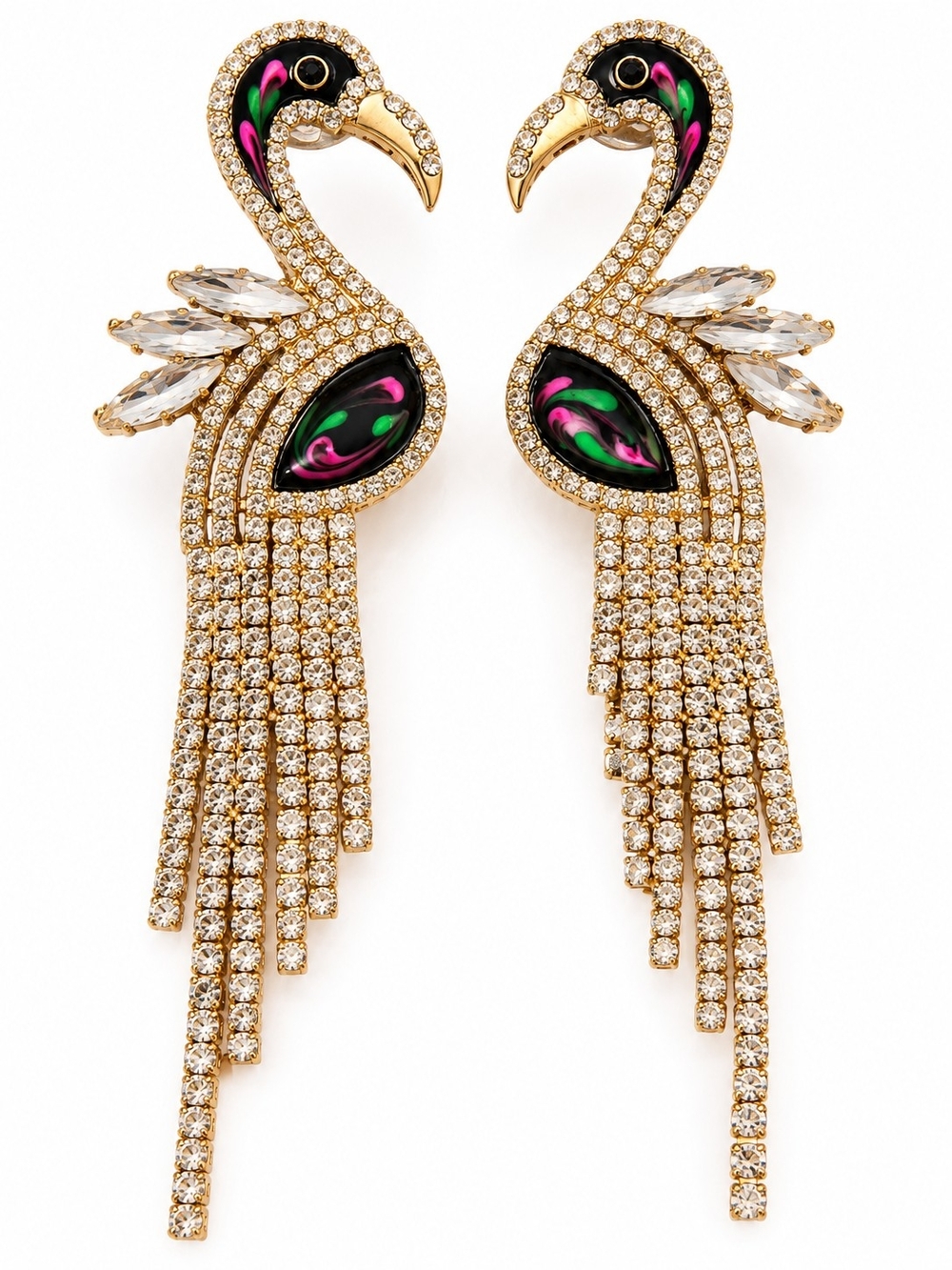 Rhinestone Peacock Bird Statement Earrings Gold Tone Crystal Tassel Dangle